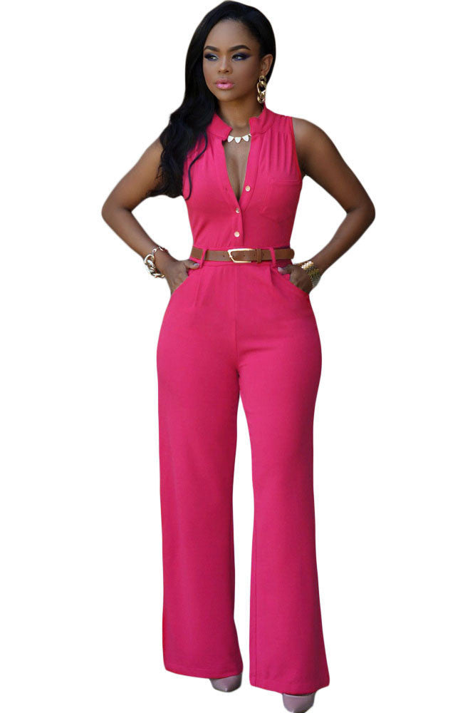 Jumpsuit Long Pants Women Rompers Sleeveless 2XL V-neck Belt Solid Night Club Elegant Slim Jumpsuits Overalls