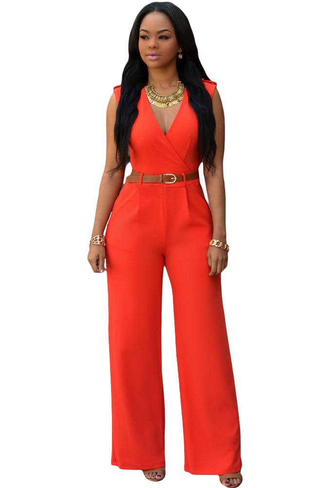 Jumpsuit Long Pants Women Rompers Sleeveless 2XL V-neck Belt Solid Night Club Elegant Slim Jumpsuits Overalls