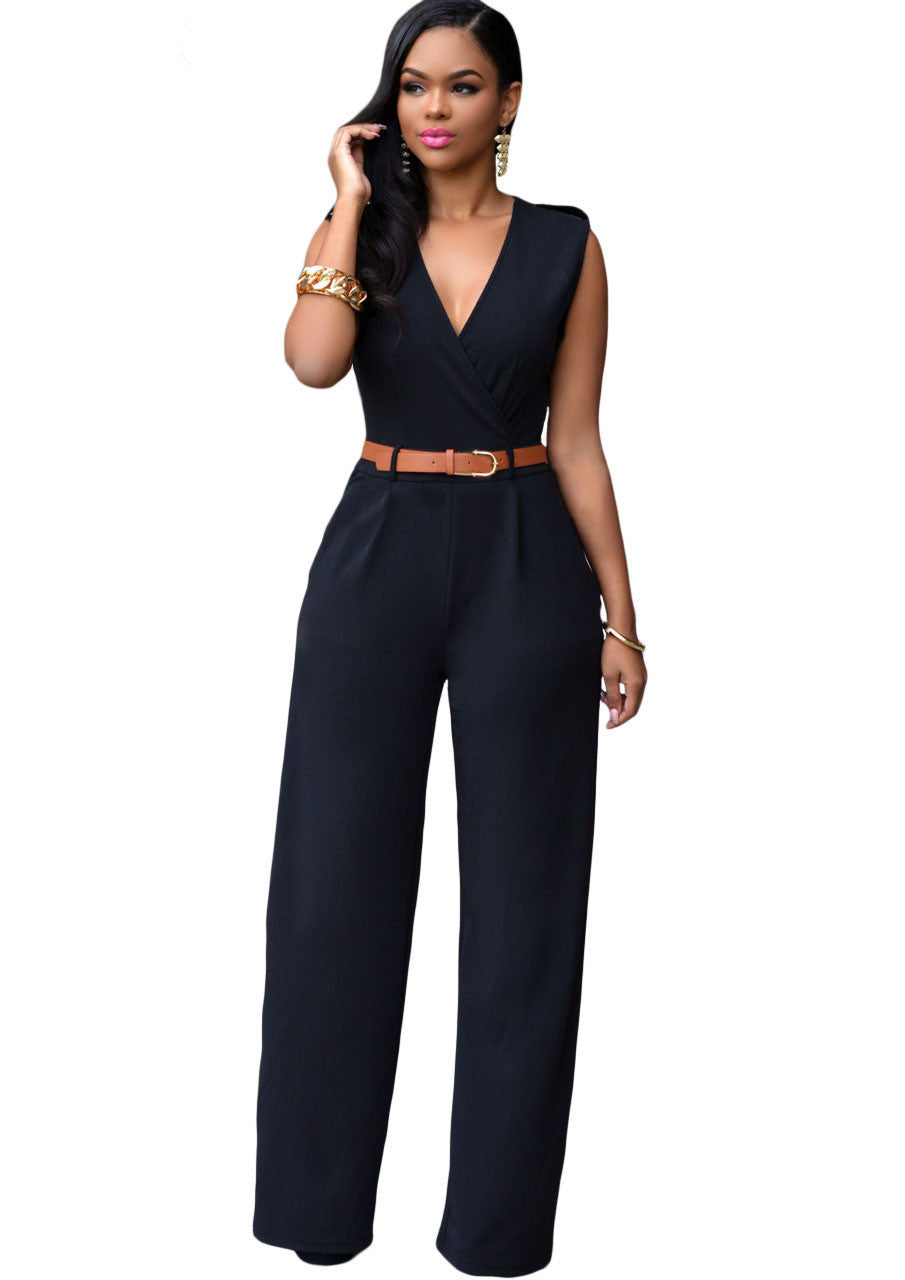 Jumpsuit Long Pants Women Rompers Sleeveless 2XL V-neck Belt Solid Night Club Elegant Slim Jumpsuits Overalls