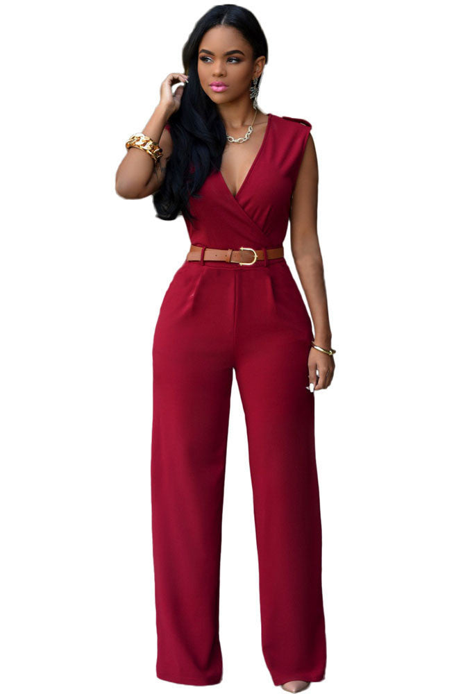 Jumpsuit Long Pants Women Rompers Sleeveless 2XL V-neck Belt Solid Night Club Elegant Slim Jumpsuits Overalls