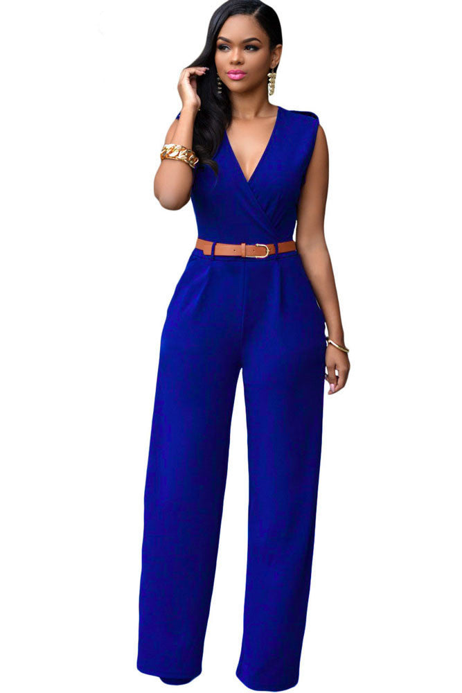 Jumpsuit Long Pants Women Rompers Sleeveless 2XL V-neck Belt Solid Night Club Elegant Slim Jumpsuits Overalls