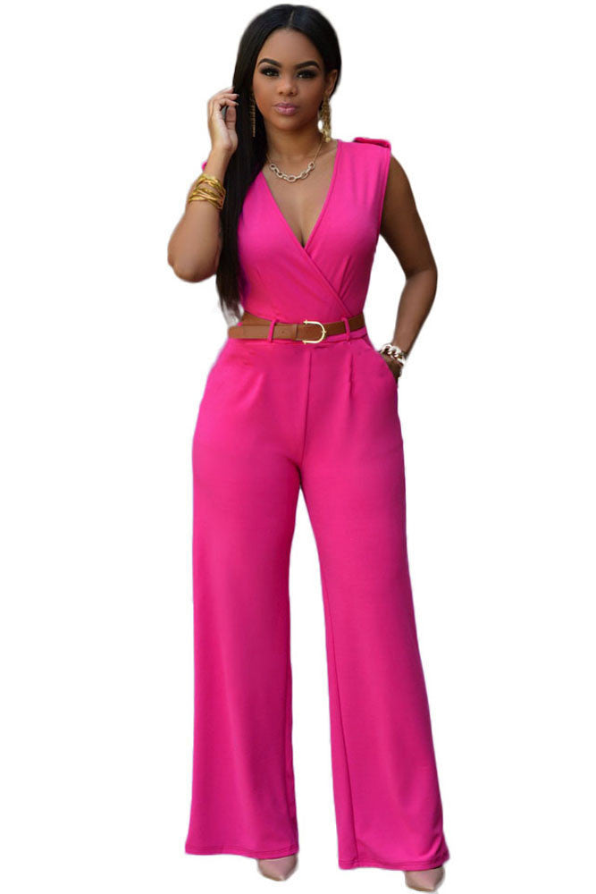 Jumpsuit Long Pants Women Rompers Sleeveless 2XL V-neck Belt Solid Night Club Elegant Slim Jumpsuits Overalls