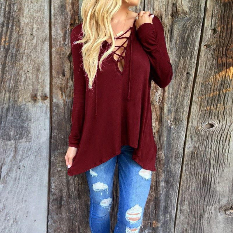 Women Fashion Blouses V Neck Bandage Asymmetric Shirt Hooded Blouse Long Sleeve Plus Size Top