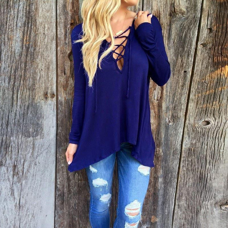 Women Fashion Blouses V Neck Bandage Asymmetric Shirt Hooded Blouse Long Sleeve Plus Size Top