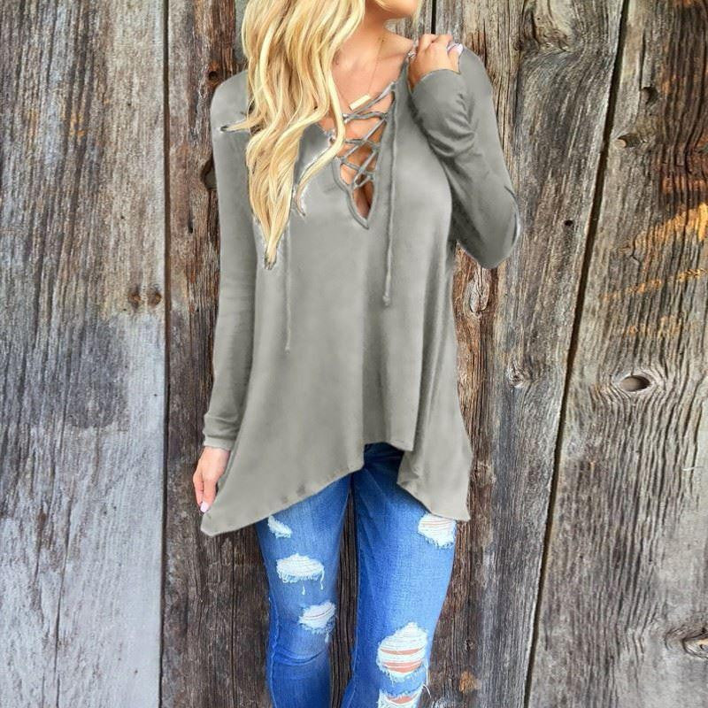 Women Fashion Blouses V Neck Bandage Asymmetric Shirt Hooded Blouse Long Sleeve Plus Size Top