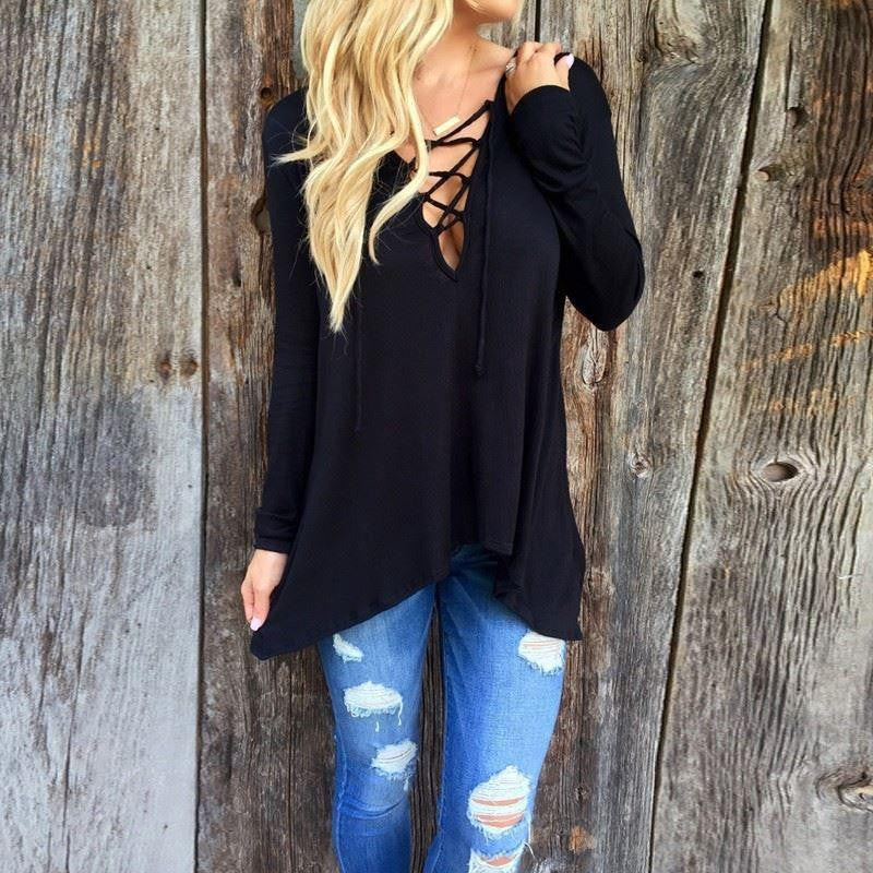 Women Fashion Blouses V Neck Bandage Asymmetric Shirt Hooded Blouse Long Sleeve Plus Size Top