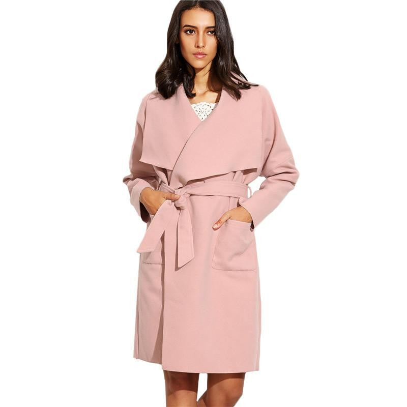 Women Casual Long Trench Coats Ladies Plain Long Sleeve With Pocket Drop Shoulder Drape Collar Wrap Coat