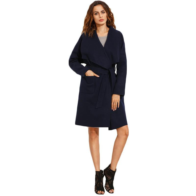 Women Casual Long Trench Coats Ladies Plain Long Sleeve With Pocket Drop Shoulder Drape Collar Wrap Coat