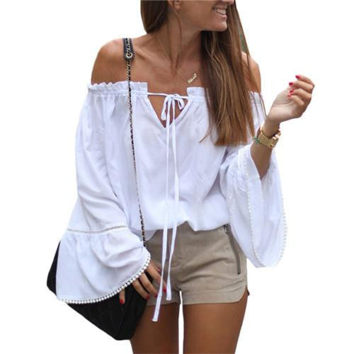 Womens White Long Sleeve Style Off The Shoulder Blouses Casual Beach Batwing Sleeve Loose Blouse and Tops