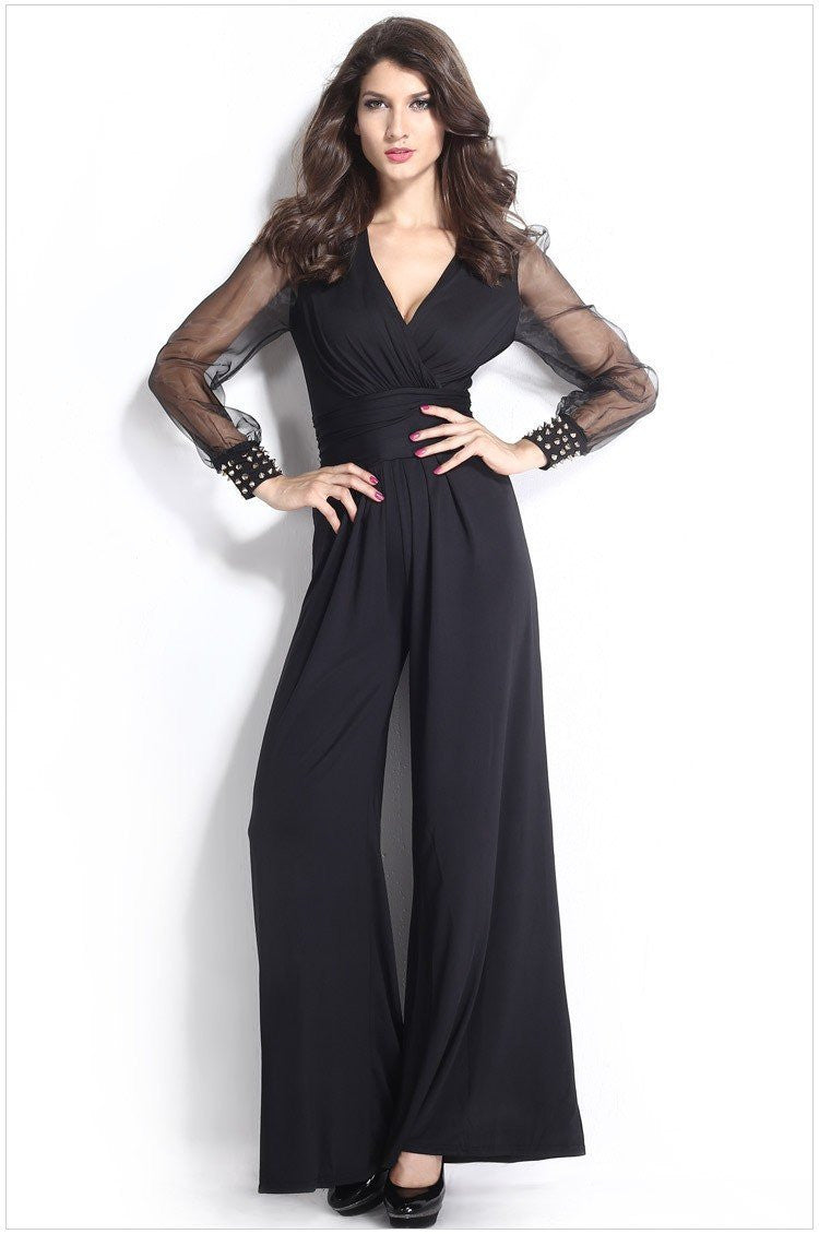 women jumpsuit 3 Colors Embellished Lantern Sleeve Cuffs Long Mesh Sleeves Jumpsuit