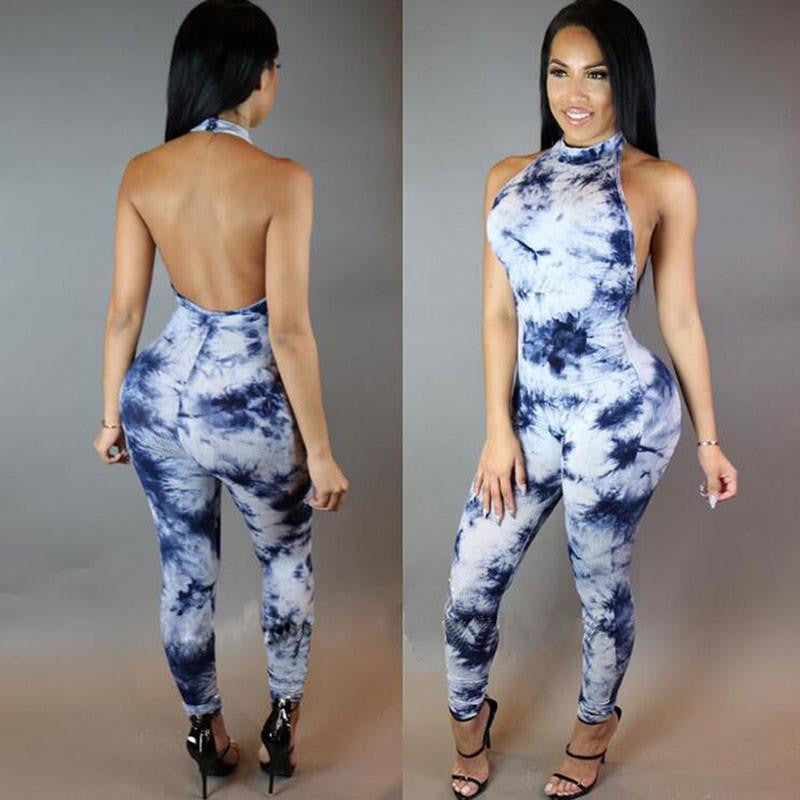 Women Playsuit Long Pants Overalls Club Print Sleeveless Backless Plus Size Bodycon Jumpsuits And Rompers