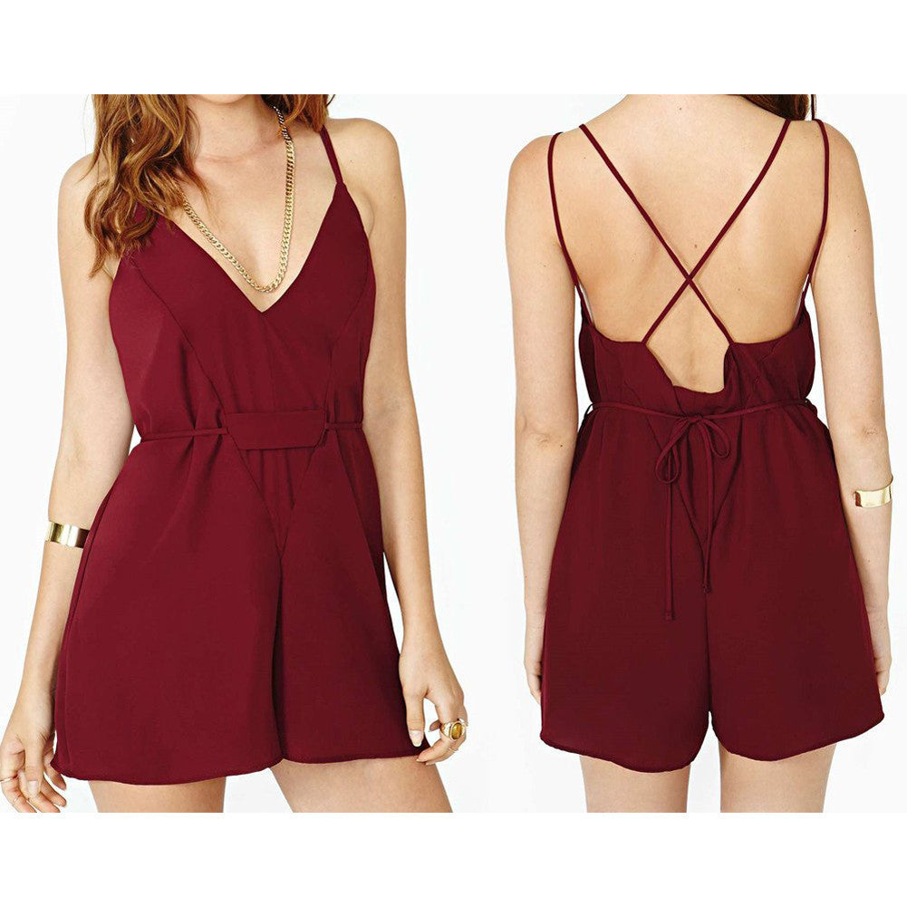 Deep V-Neck Jumpsuit Spaghetti Strap Backless Chiffon Red Rompers Shorts Pants