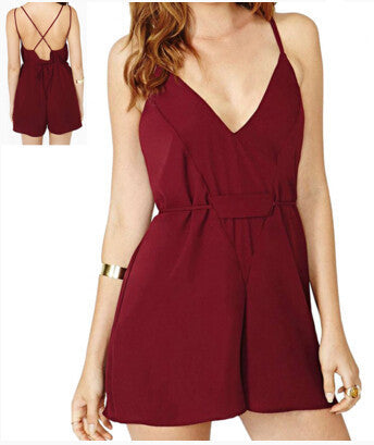 Deep V-Neck Jumpsuit Spaghetti Strap Backless Chiffon Red Rompers Shorts Pants