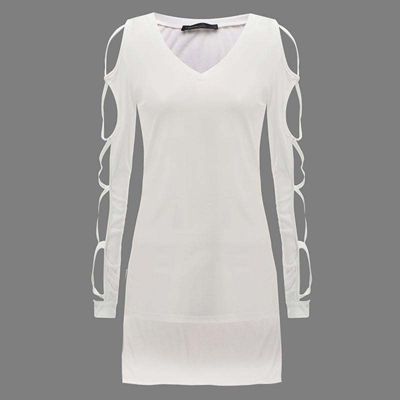 T Shirt Women Brand V Neck Long Sleeve Hollow Out Side Split Tops Shirts Plus Size Cotton T-Shirt