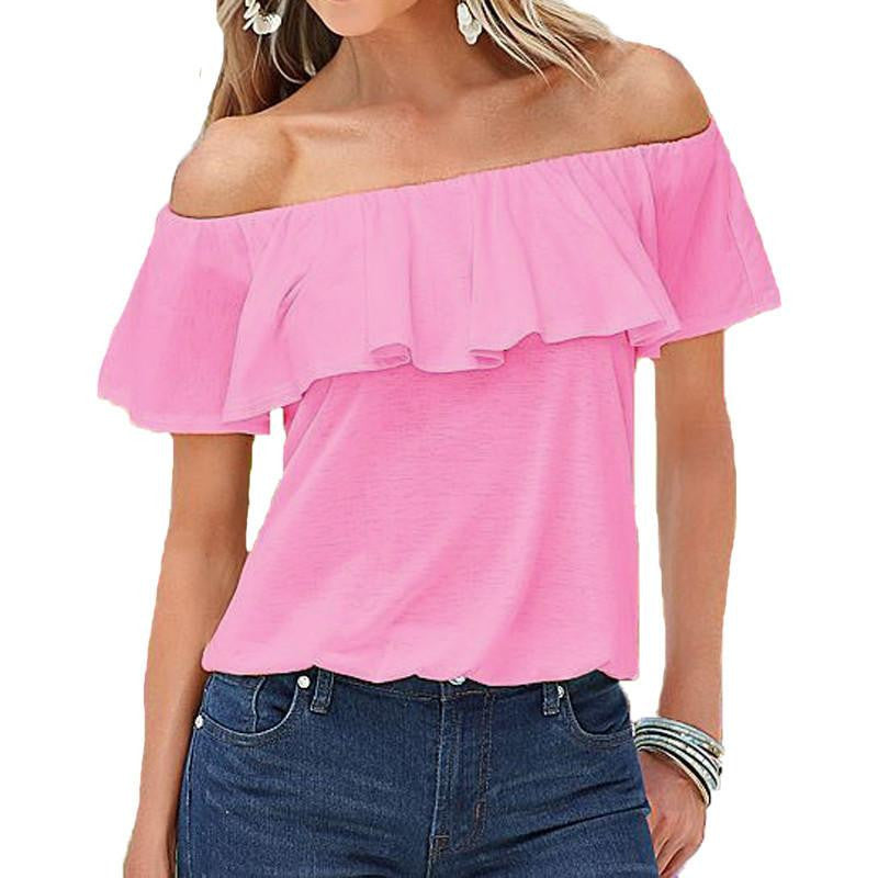 Women Off Shoulder Tee Tops Casual Solid Blouses Ladies Strapless Flouncing Short Sleeve Plus Size Shirt