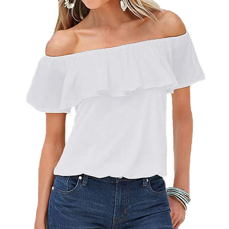 Women Off Shoulder Tee Tops Casual Solid Blouses Ladies Strapless Flouncing Short Sleeve Plus Size Shirt