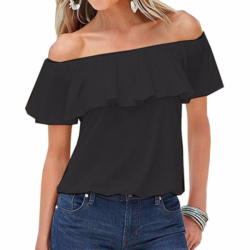 Women Off Shoulder Tee Tops Casual Solid Blouses Ladies Strapless Flouncing Short Sleeve Plus Size Shirt