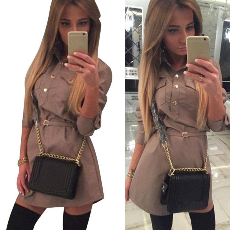 Women Slim Long Sleeve Tops Casual Mini Shirt Dress