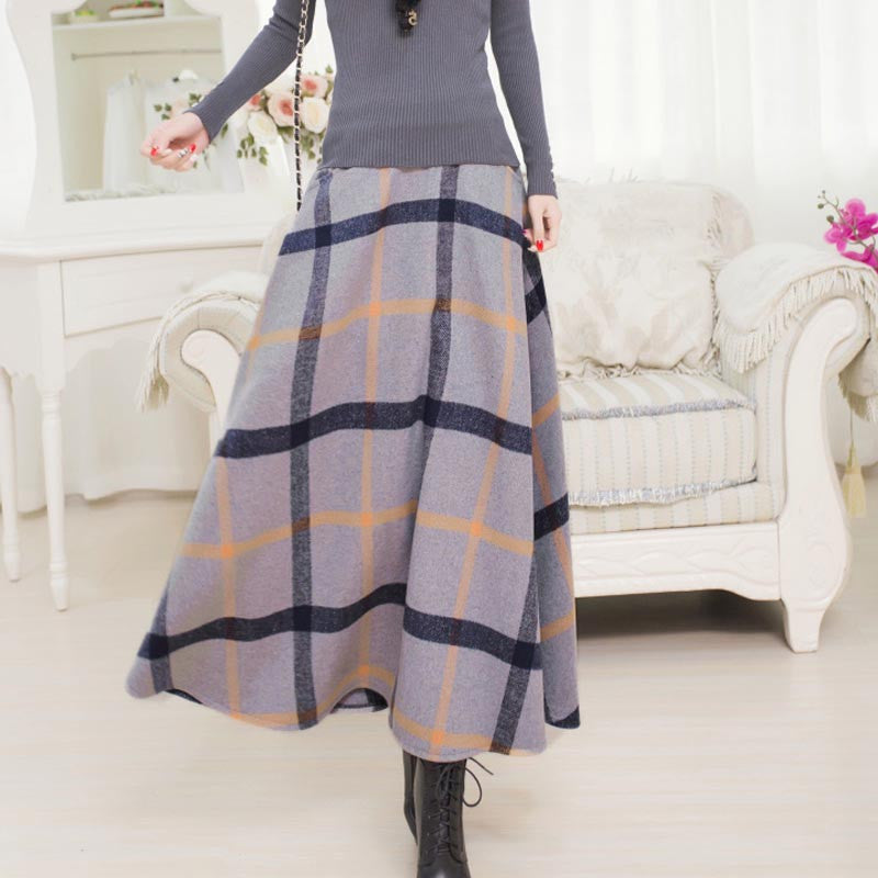 Online discount shop Australia - Long Plaid Skirt Women Vintage Thick Plaid Wool Skirts High Waist Big Swing Fashion Maxi Skirts Women Plaid Skirt