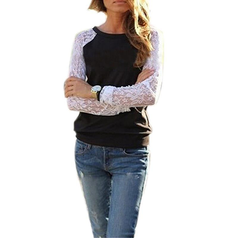 Womens Blouse Casual Shirt Lace Floral Patchwork Long Sleeve Blouse Lady Tee Shirt Top