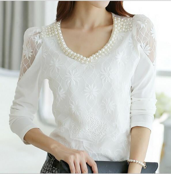 women Bright Bead V-neck lace Floral blouse shirts woman long sleeve top blouses Ladies tops