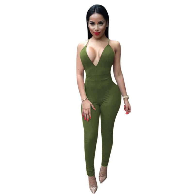 Women Sleeveless Deep V-neck Pants Playsuit Bodysuit Backless Strap Jumpsuits Romper