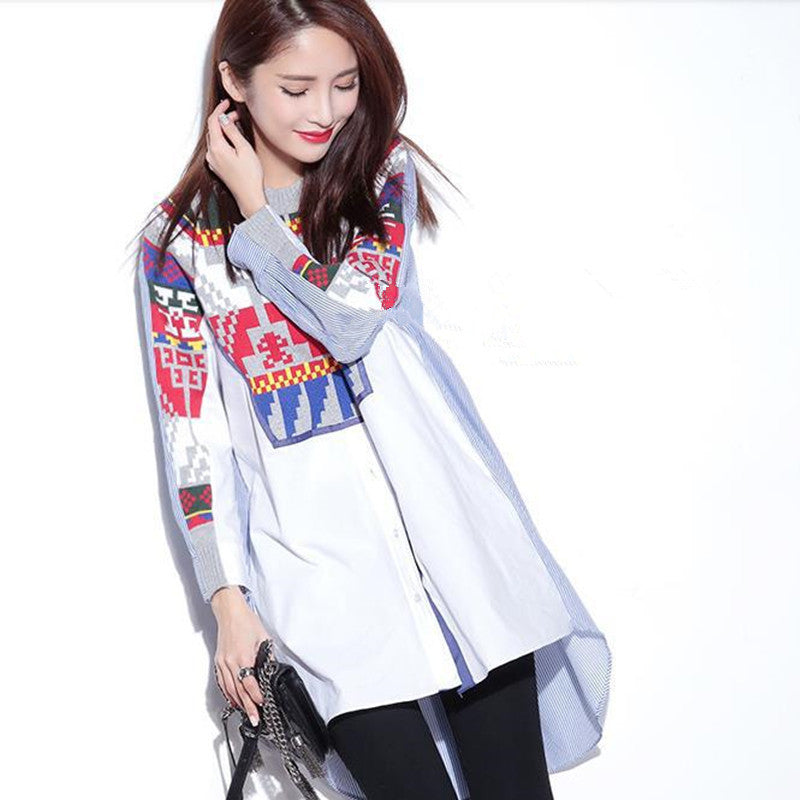 Plus Size women blouses knitted patchwork shirt geometrical pattern loose o-neck shirt fashion top 8751L