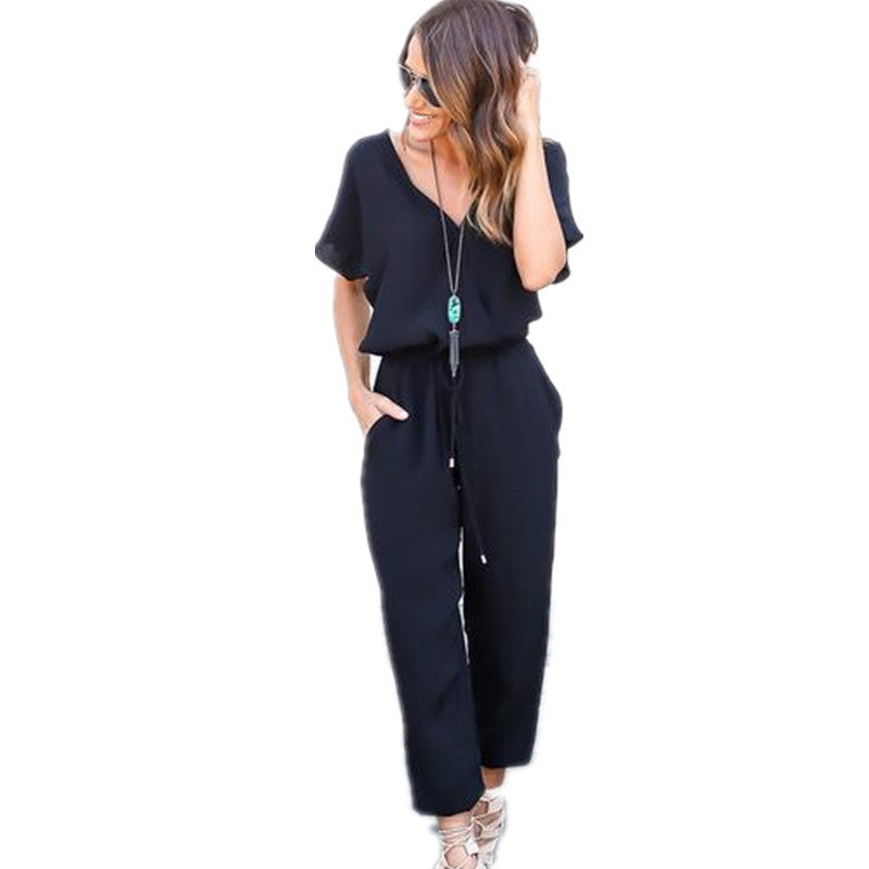 Plus Size Fashion Long Chiffon Rompers Womens Jumpsuit V neck Short Sleeve Loose Casual Full Length playsuit