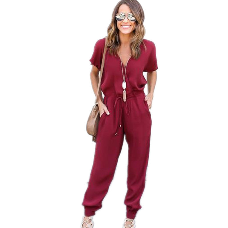 Plus Size Fashion Long Chiffon Rompers Womens Jumpsuit V neck Short Sleeve Loose Casual Full Length playsuit