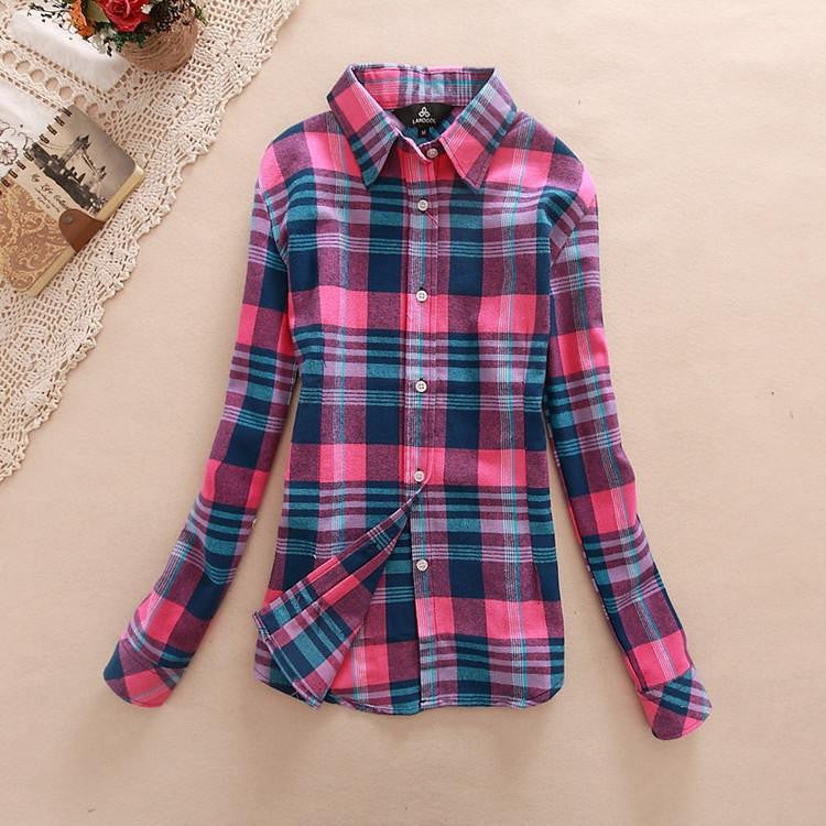 Women loose blouses thick warm cotton long-sleeved blouse 100%cotton flannel plaid shirt Women Tops plus size 21 colors