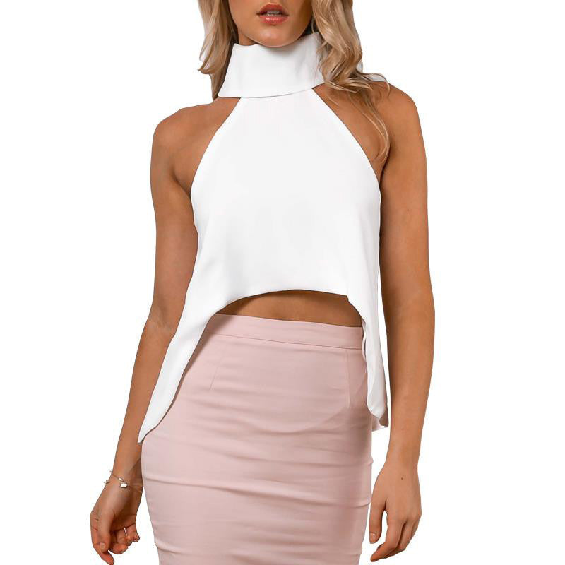 High Neck Halter Off Shoulder Cropped Tops Women Tops & Tees Casual Chiffon Tank Top Irregular Fashion