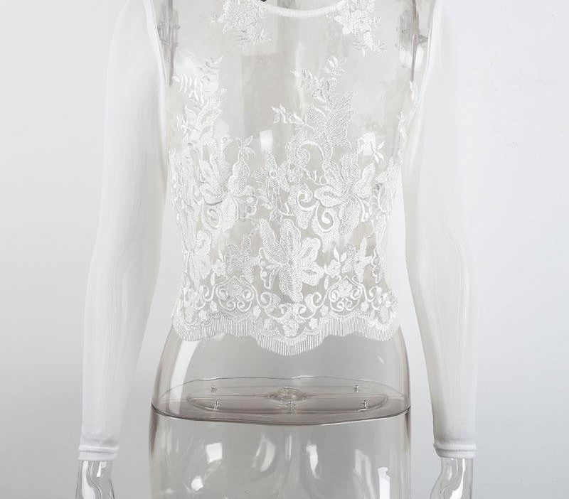 Online discount shop Australia - Embroidery transparent lace blouse shirt Sexy mesh long sleeve white blouse Elegant fringe zipper  tops