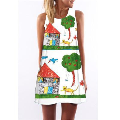 Summer Cartoon Print Dress Hippie Women Beach Dress Fashion Female Plus Size Women Clothing Mini Dress