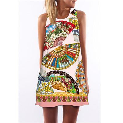 Summer Cartoon Print Dress Hippie Women Beach Dress Fashion Female Plus Size Women Clothing Mini Dress