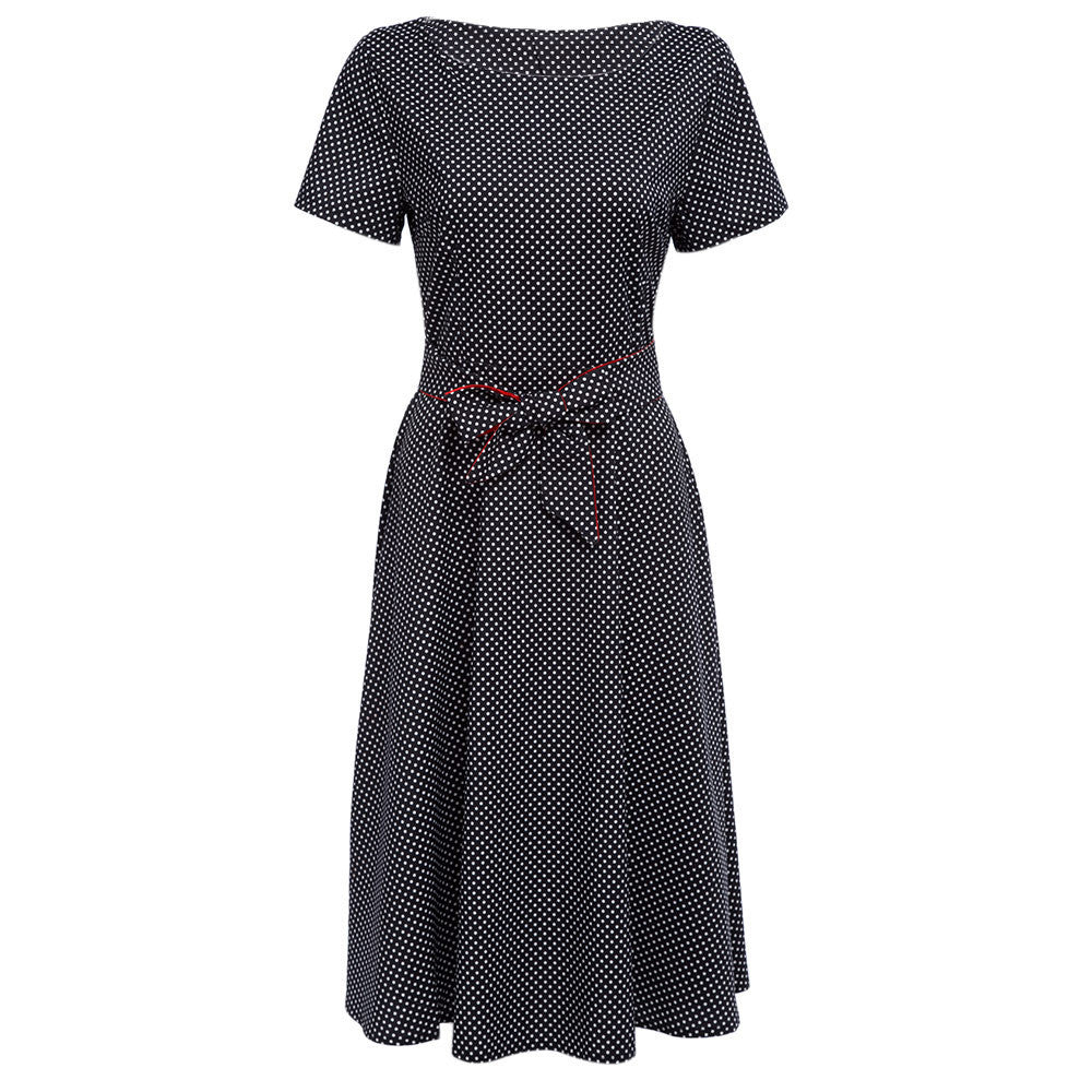 Round Collar Short Sleeve Side Zipper Belt Polka Dot Print Ball Gown Long Dresses Summer Vestidos Women Dress