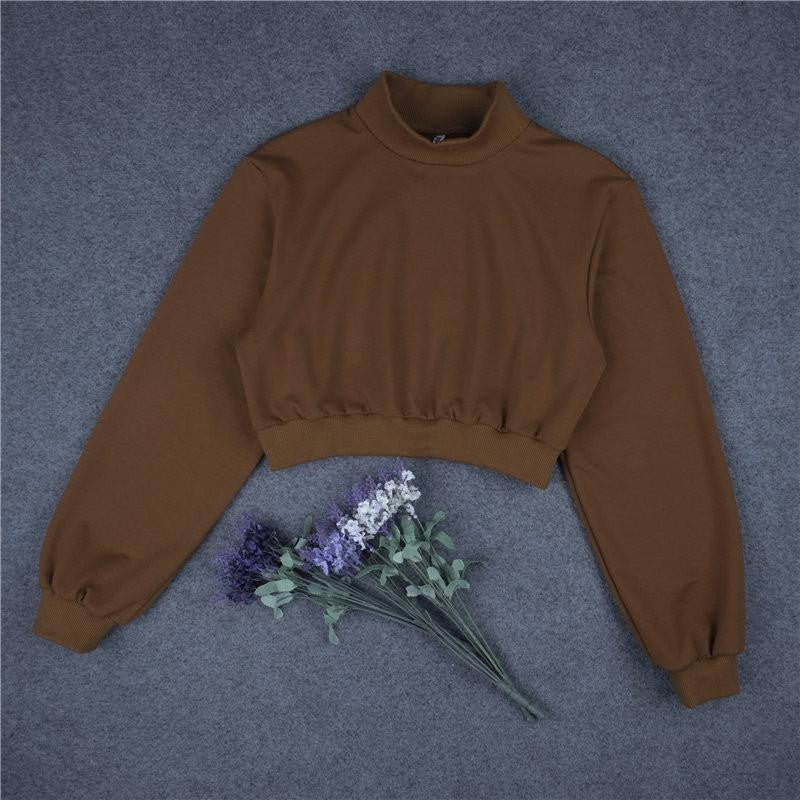 Online discount shop Australia - Fashion Women Long Sleeve Loose Straight Sweatshirt Casual Slim Brown High Neck Crop Top Sweatshirt