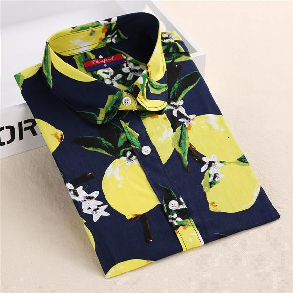 Women Blouses Fruit Print Shirts Long Sleeve Women Shirt Turn Down Collar Bohemia Casual Blouse