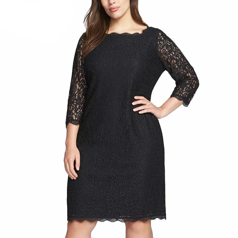 Women Summer Elegant 3/4 Sleeve Retro Stretchy Knee Length Cocktail Bodycon Dress Casual Party Plus Size Lace Dress