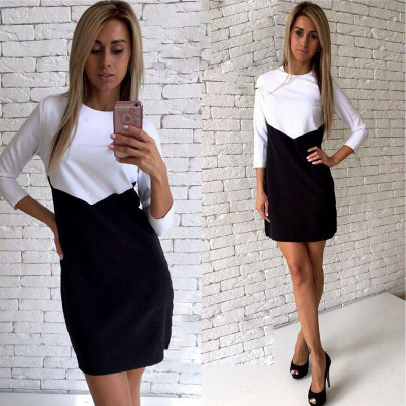 Online discount shop Australia - Elegant White Black Patchwork Office Dress Women Autumn Fashion Casual There Quarter Sleeve OL Tunic Dresses Ladies robe femme