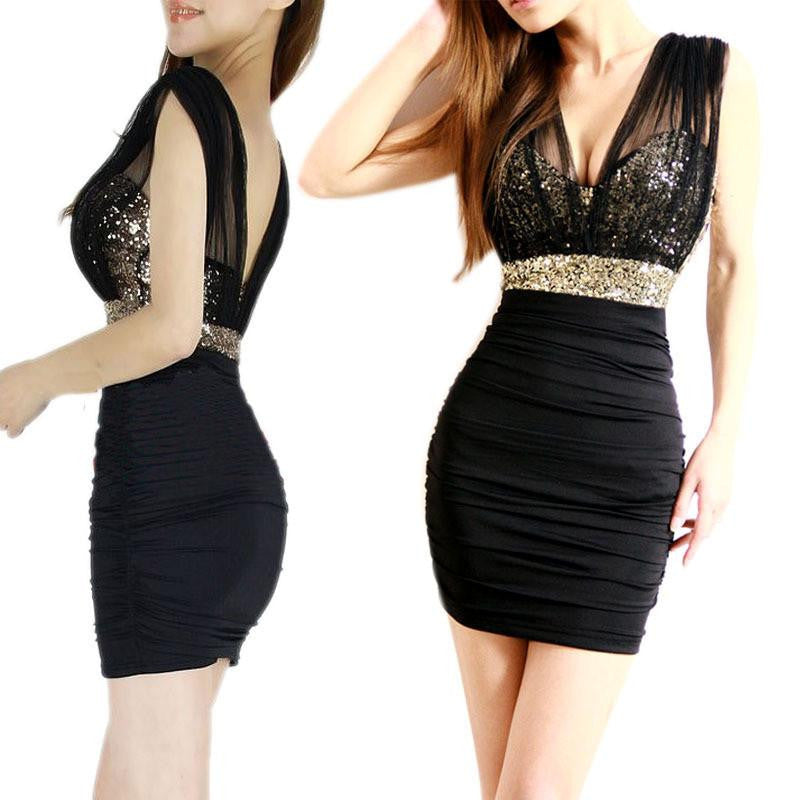 Women Sequin Stretch Bodycon Sleeveless V Neck Cocktail Party Mini Dress