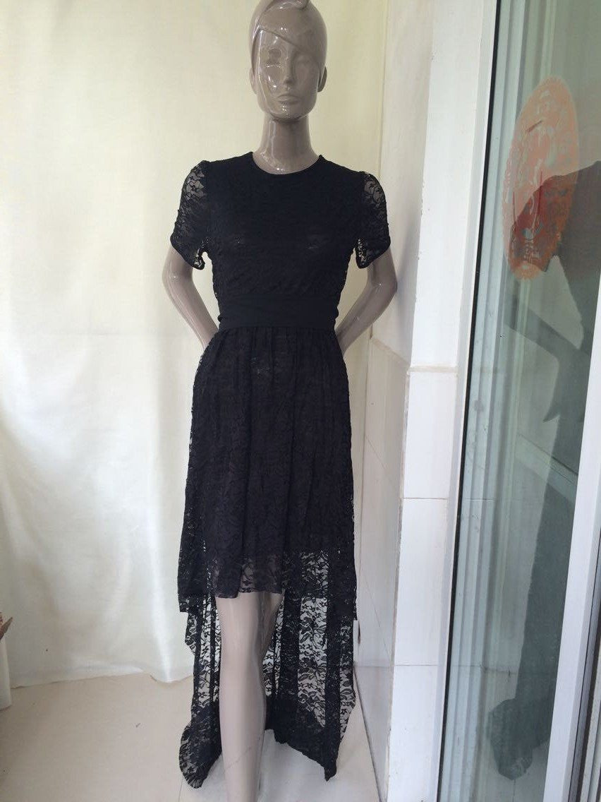 Women Fashion Summer Dress Asymmetrical Patchwork Dress Hollow Out Short Sleeve O Neck Lace Maxi Dresses
