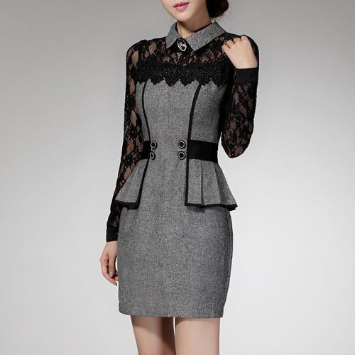 TANGNEST Fashion Women Casual Lace Dress Spring Autumn Slim Ruffles OL Plus Size Office Dresses Vestido De Renda WQL1740