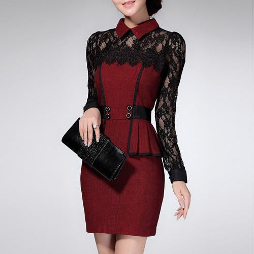 TANGNEST Fashion Women Casual Lace Dress Spring Autumn Slim Ruffles OL Plus Size Office Dresses Vestido De Renda WQL1740