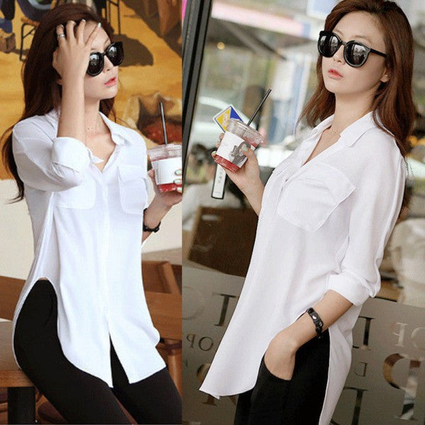 Vogue Women Long Sleeve Chiffon Shirt Turn-down Collar Solid Loose Top Blouse