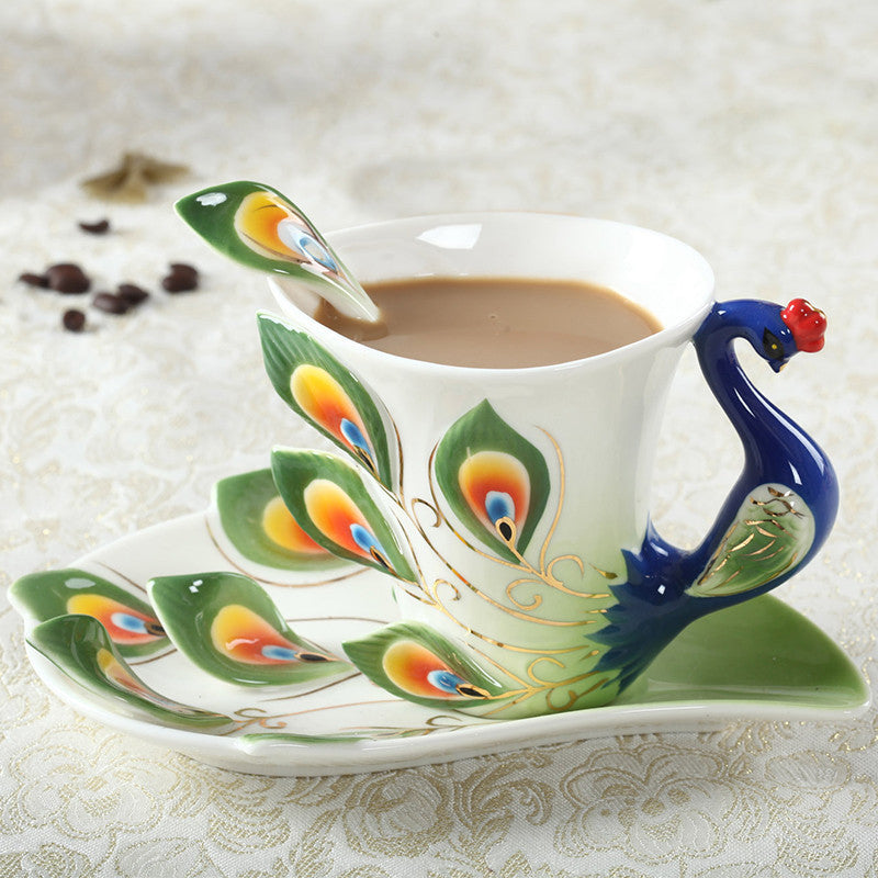 Peacock Coffee Cup Ceramic Creative Mug Bone 3D Color Enamel Porcelain Saucer Spoon Coffee Tea Sets for friend Gift