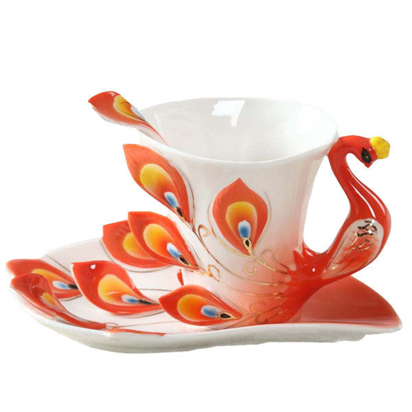 Peacock Coffee Cup Ceramic Creative Mug Bone 3D Color Enamel Porcelain Saucer Spoon Coffee Tea Sets for friend Gift