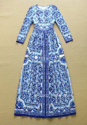 Online discount shop Australia - Fashion Designer Runway Maxi Dress Women's Long Sleeve Blue and White Printed Celebrity Party Long Dress