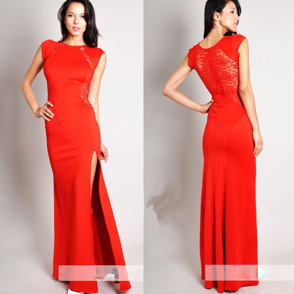 Online discount shop Australia - lace long dress Hip split plus size irregular Short Sleeve back hallow out floor length dresses