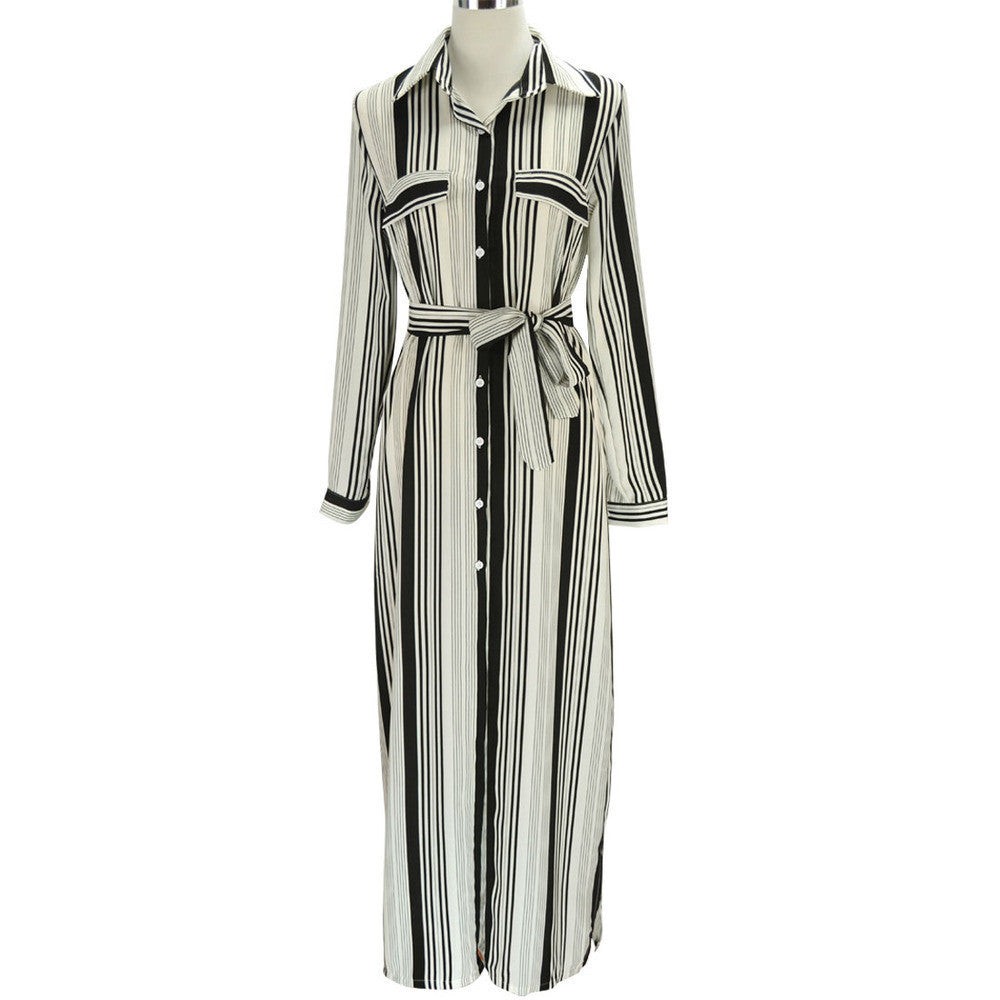 Online discount shop Australia - Black And White Striped Maxi Shirt Dress Long Elegant Maxi Party Dresses High Split Sexy Maxi Tie Waist Tunic Dress