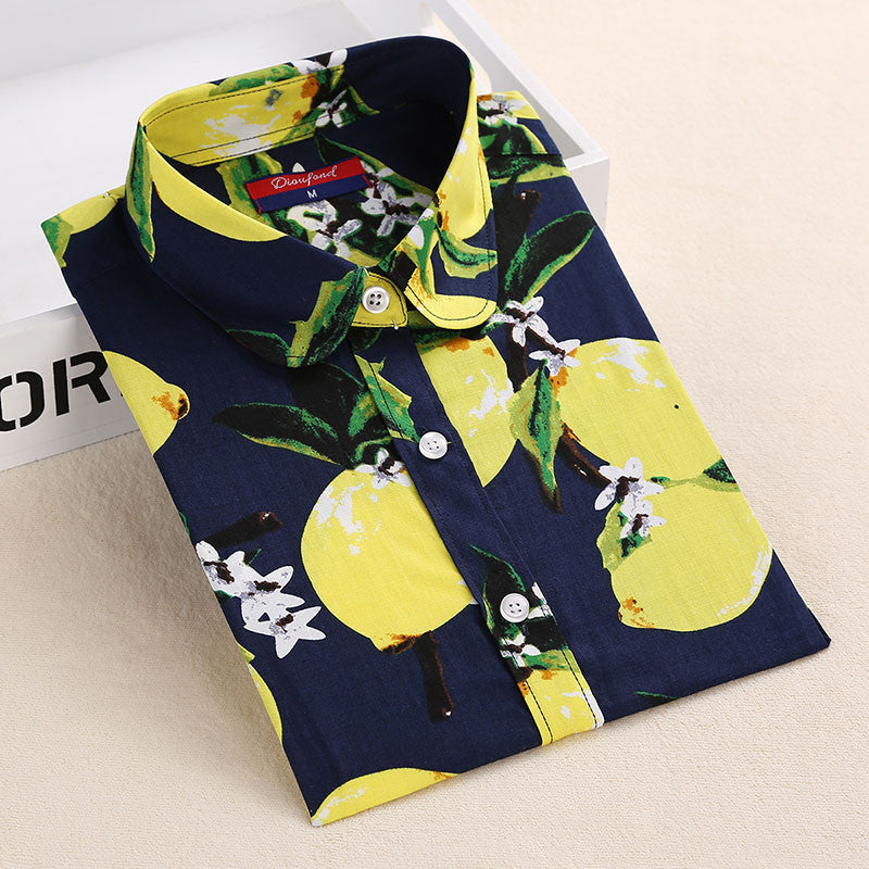 Online discount shop Australia - Lemon Floral Print Blouse Women Shirt Long Sleeve Cotton Blouse Turn Down Collar Women Tops And Blouses Fashion